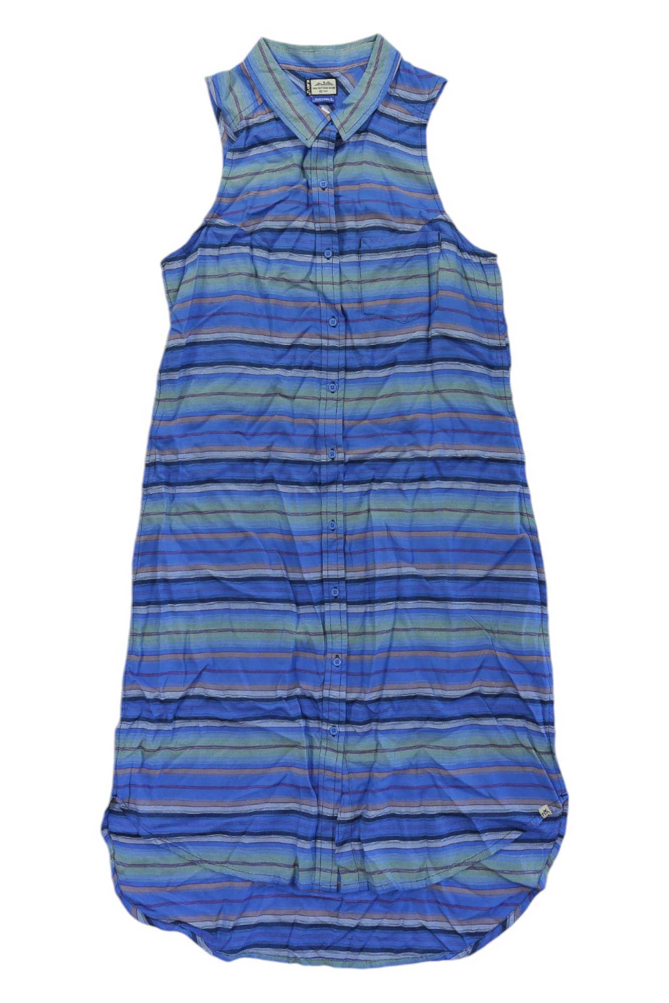The KAVU Womens Brighton Dress is a sleeveless, knee-length dress featuring blue and green horizontal stripes, a button-down front, and a collar, shown laid flat on a white background.