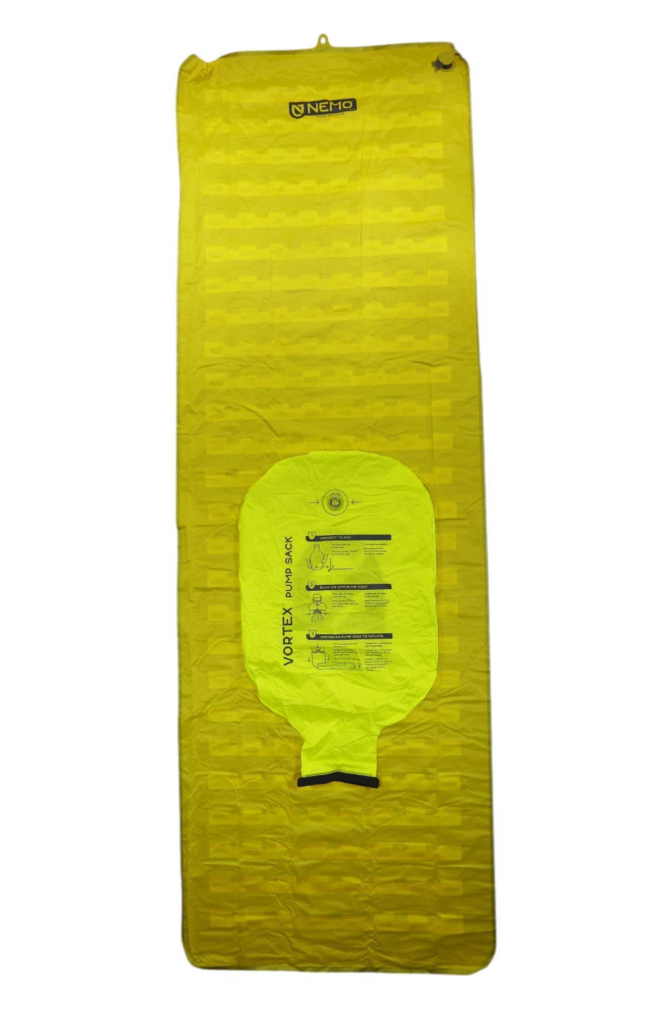 Yellow sleeping pad with product label and valve at lower section