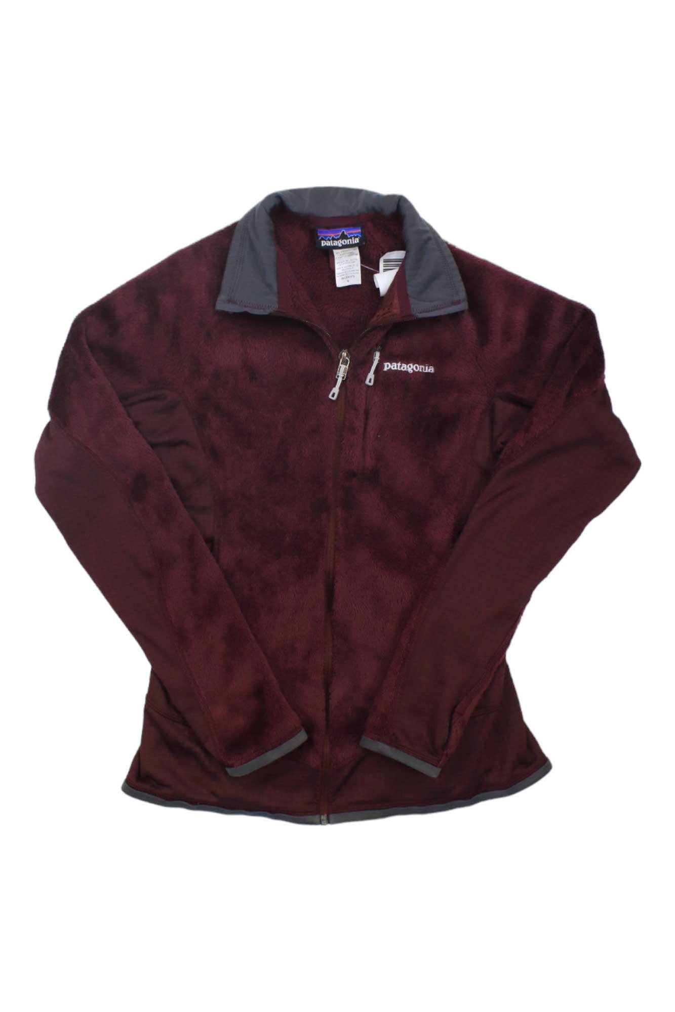 Women's zip-up fleece jacket, maroon with dark gray trim and stand collar.