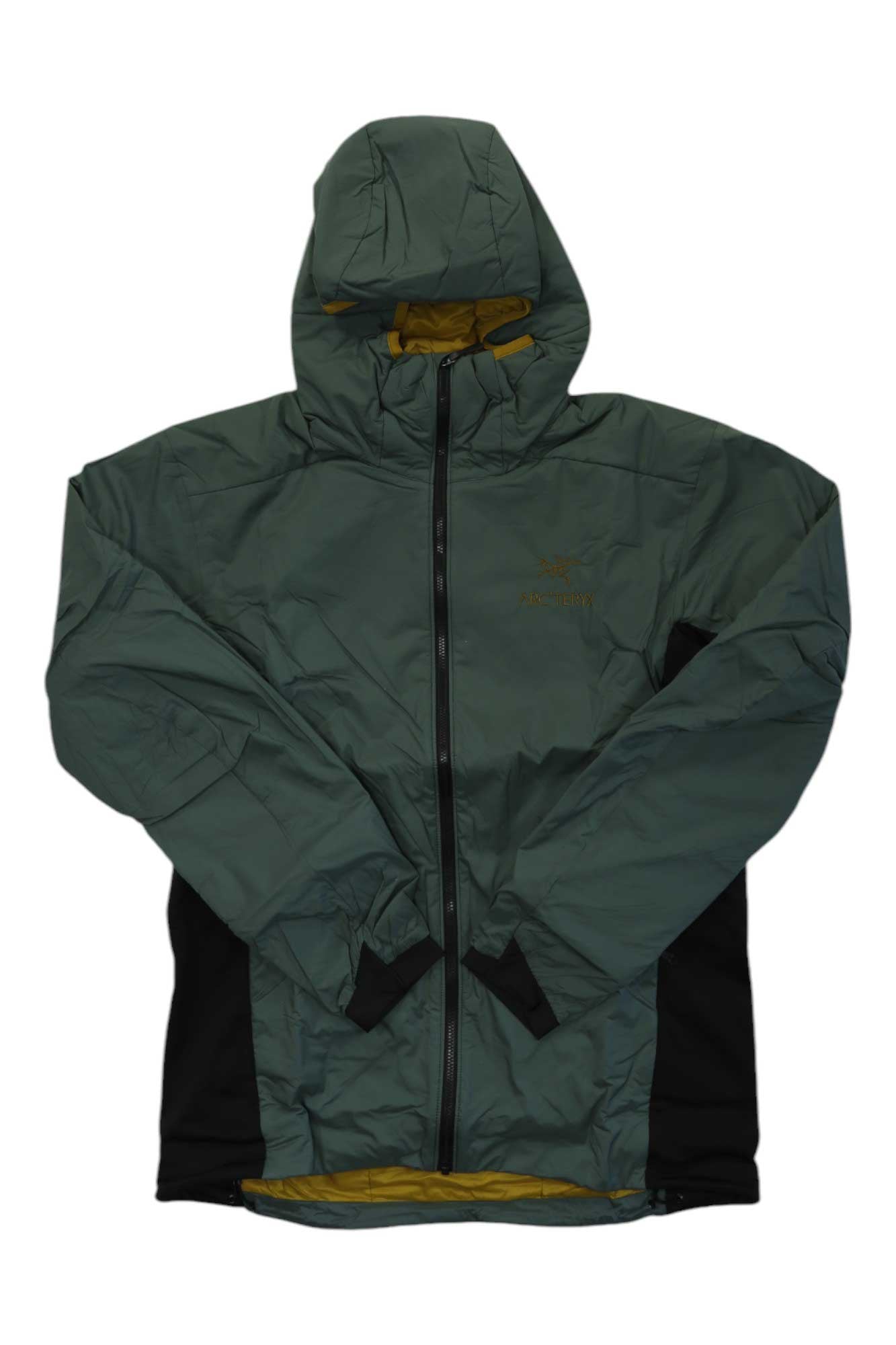 The Arc'teryx Men's Atom Hoody—a green, insulated midlayer—features a front zipper, yellow lining, black side panels, and long sleeves. Shown laid flat on a white background, this versatile jacket uses Coreloft Compact insulation to provide lightweight warmth, embodying the signature design of Arc'teryx.