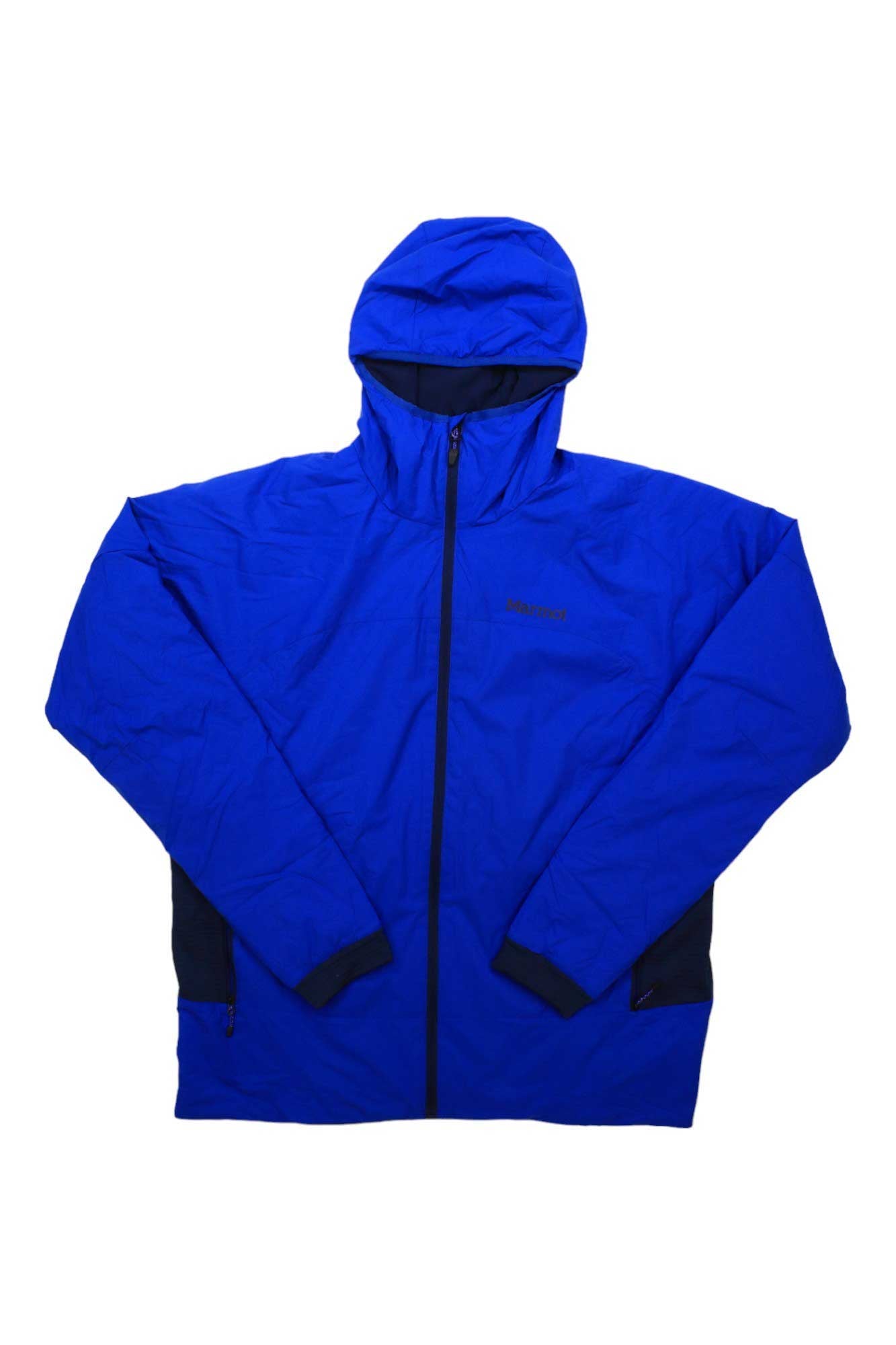 The Marmot Mens Novus LT Hybrid Hoody is a bright blue, lightweight insulated hoody with PrimaLoft Silver, black side and cuff accents, a front zipper, and long sleeves, shown flat on a white background.