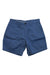 The Toad & Co Mens Mission Ridge 8 Inch Short in blue features front pockets, belt loops, button and zipper closure, and subtle creases—ideal sun-protective organic cotton shorts for hiking or casual outings.