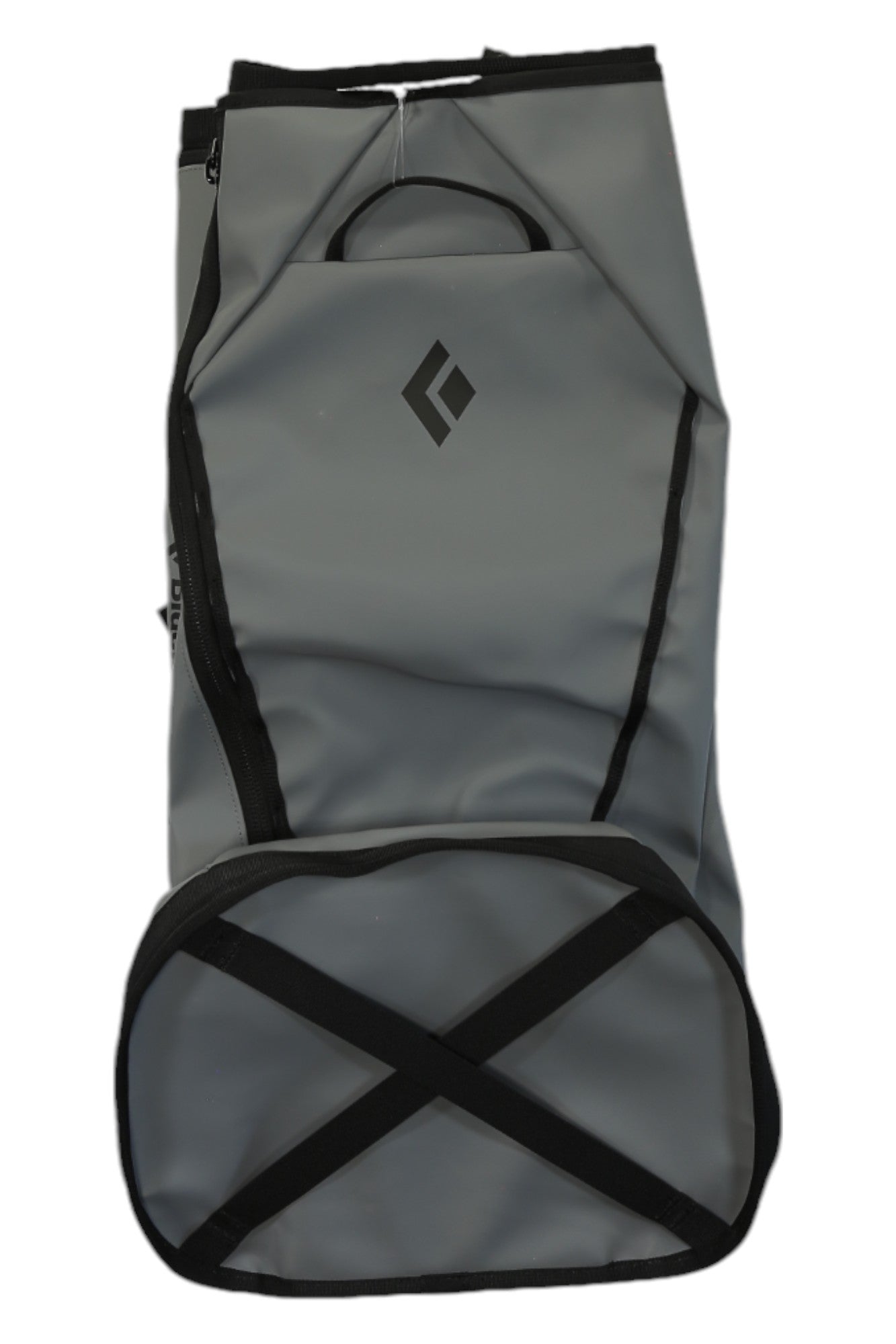 Gray storage pouch with black trim and crisscross straps