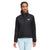 Women’s black hybrid jacket, full-zip front and quilted puffer panels, chest logo