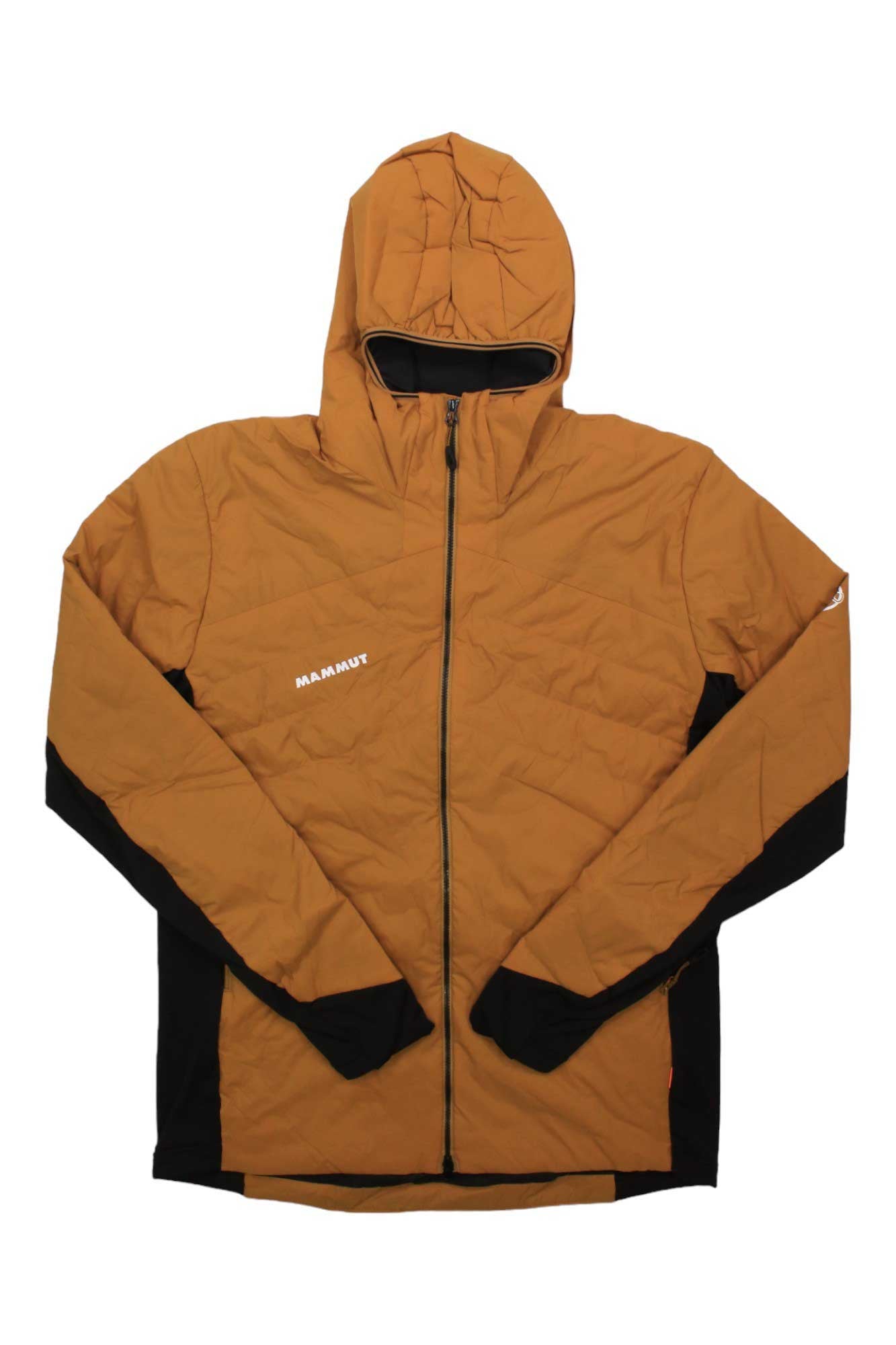 Men's hooded insulated jacket in tan with black accents, full front zipper and pocket details
