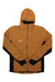 Men's hooded insulated jacket in tan with black accents, full front zipper and pocket details