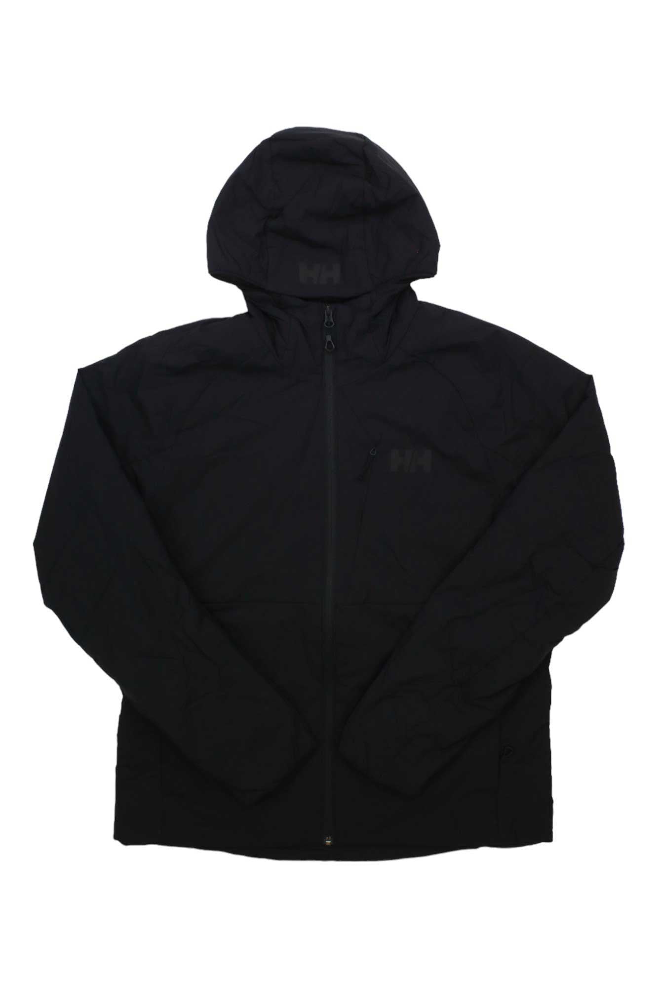 The Helly Hansen Mens Odin Stretch Insulated 2.0 Hoodie, shown in black with a front zipper, long sleeves, and a subtle chest logo, is laid flat on a white background; it's designed for comfort and warmth.