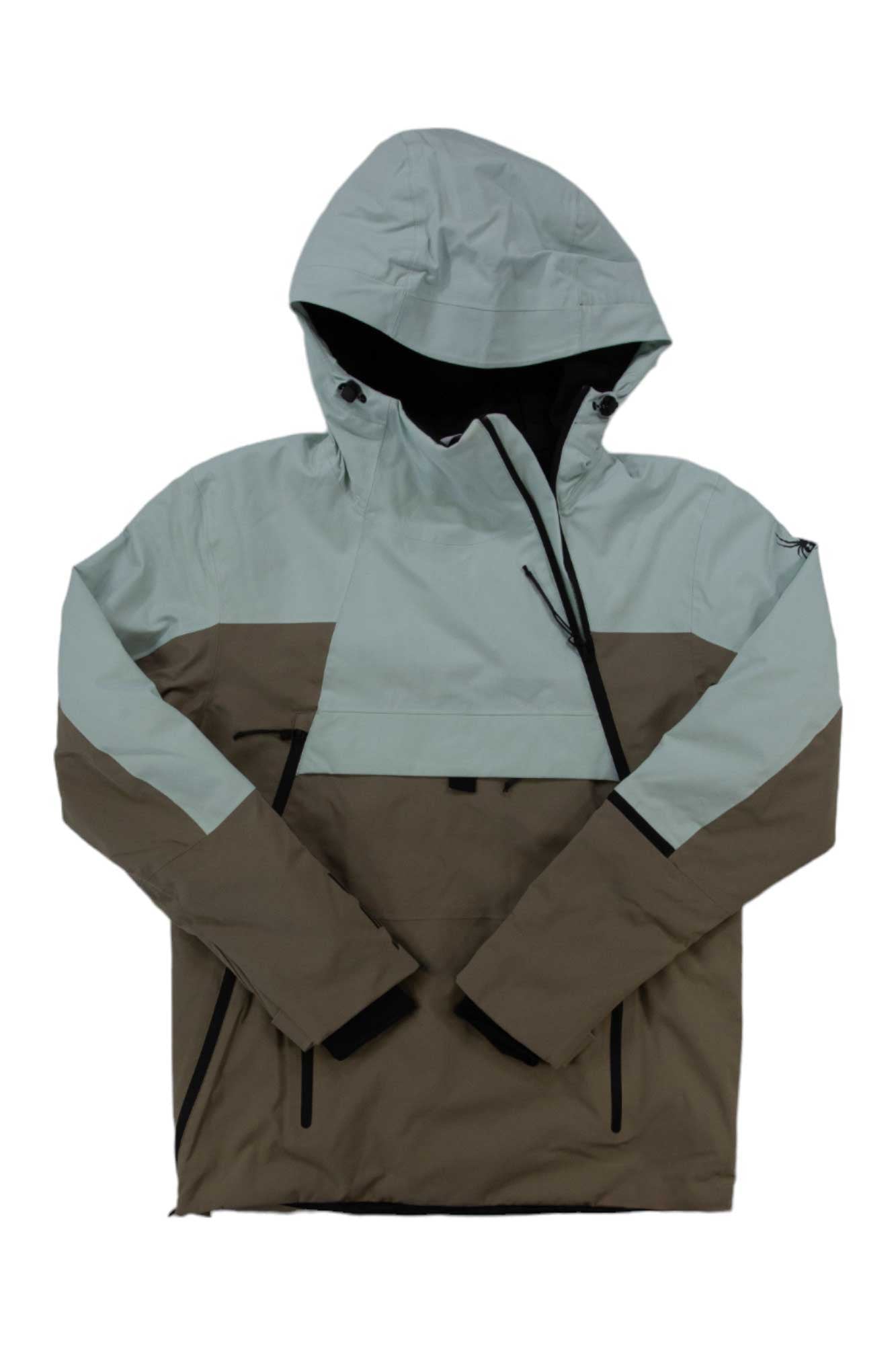 The Spyder Mens All Out Anorak is a two-tone insulated ski jacket with light gray on top and brown below, featuring a front zipper, zippered pockets, high collar, and hood—ideal for staying warm on the slopes.