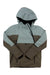 The Spyder Mens All Out Anorak is a two-tone insulated ski jacket with light gray on top and brown below, featuring a front zipper, zippered pockets, high collar, and hood—ideal for staying warm on the slopes.
