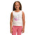 A smiling young girl with curly hair wears The North Face Girls Tri-Blend Tank, showcasing a blue and pink design with "Never Stop Exploring," paired with pink leggings, standing against a plain white background.