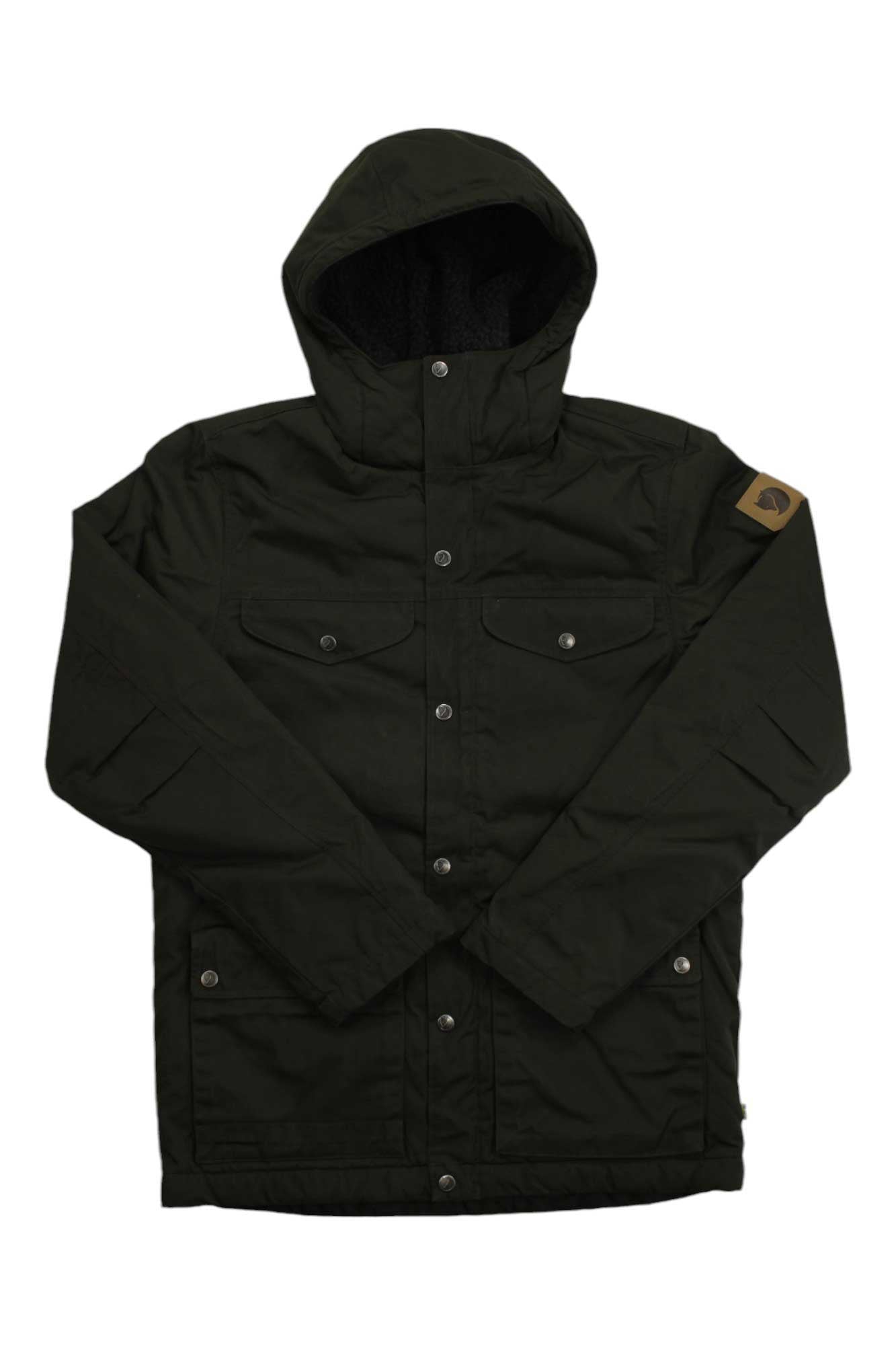 The Greenland Winter Insulated Jacket in black features front buttons, two chest flap pockets, two lower pockets, and a brown sleeve patch. Made from G-1000 Eco fabric, this men's winter outdoor jacket is shown laid flat on a white background.