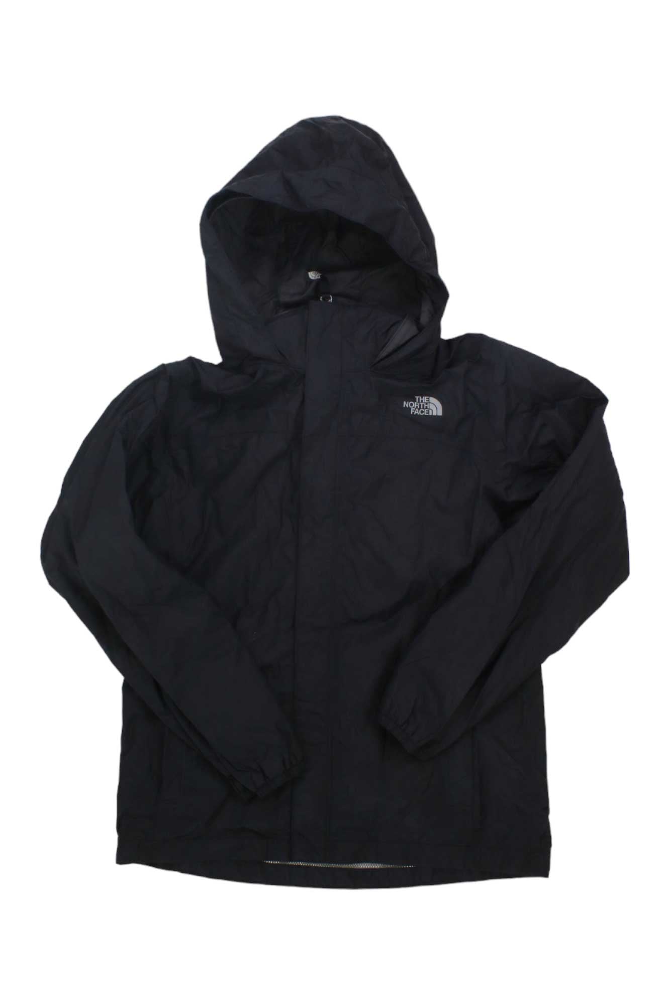 The Boys Resolve Reflective Jacket is a black, hooded zip-up waterproof jacket with long sleeves and The North Face logo on the upper left chest. Lightweight and casual, it's ideal for everyday wear.