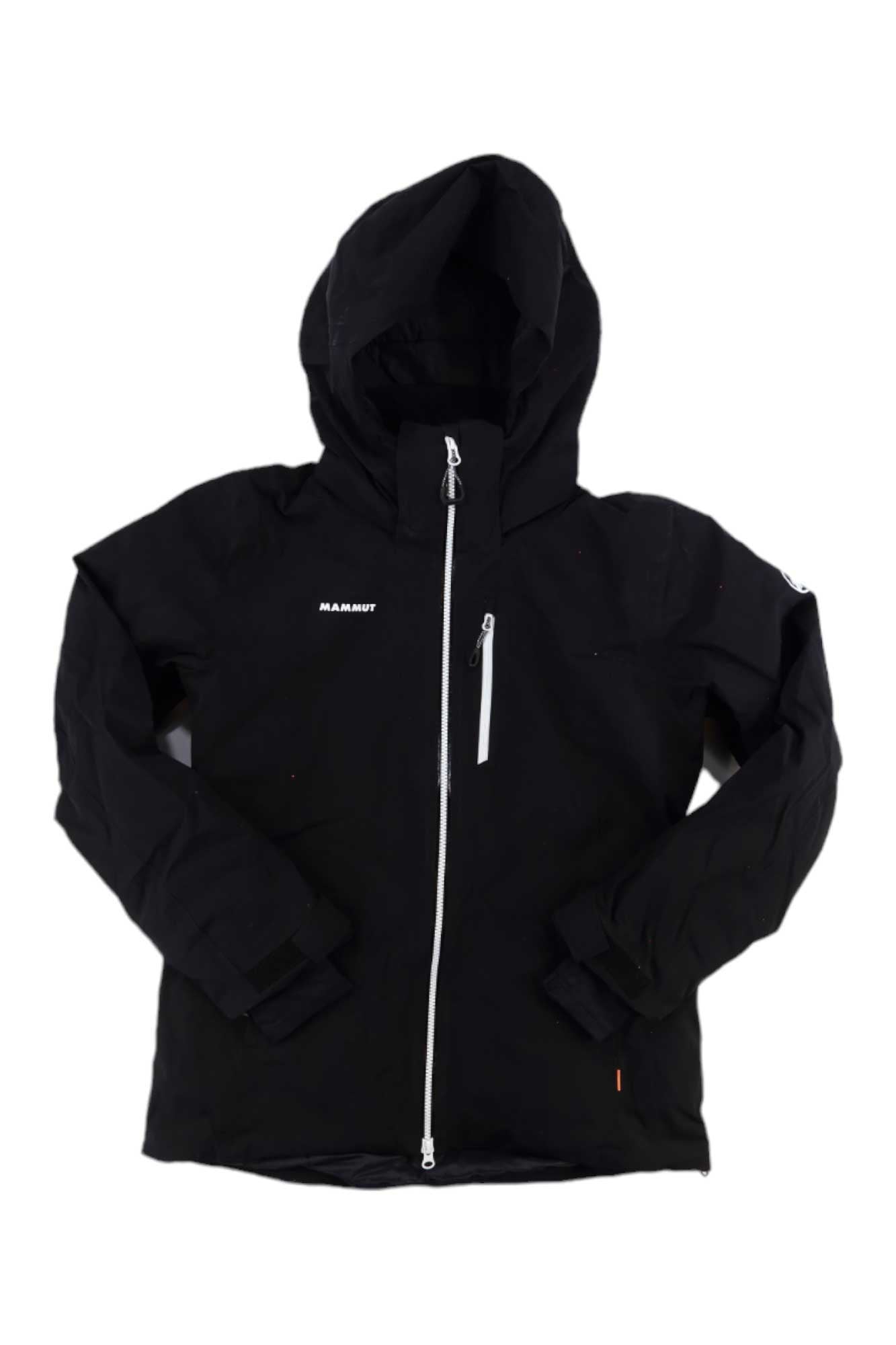 The Mammut Womens Stoney HS Thermo Jacket is a black hooded ski jacket with a front zipper, zippered chest pocket, adjustable cuffs, and a small Mammut logo on the left chest. Laid flat against a white background.