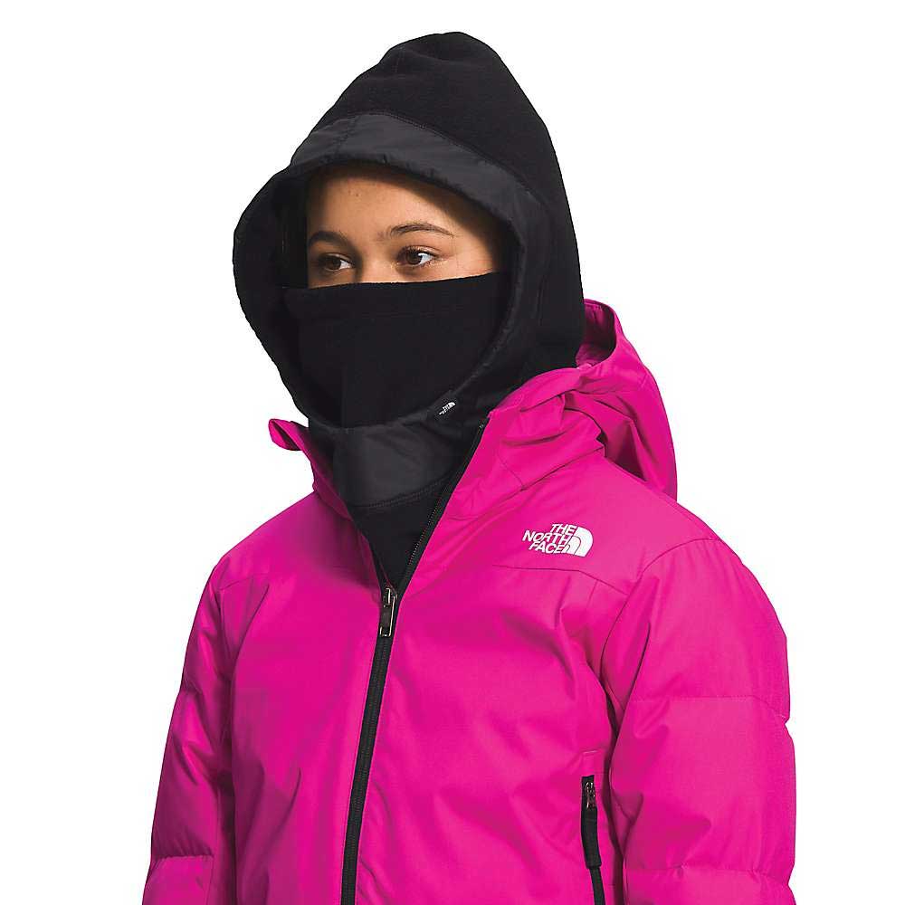 Kids' hooded jacket worn with bright pink shell and black hood/face covering