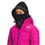 Kids' hooded jacket worn with bright pink shell and black hood/face covering