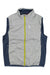 The Spyder Mens Exit Insulator Vest features a light gray front, navy blue sides and back, high collar, yellow zipper, and a white spider logo on the left chest—ideal for outdoor performance.