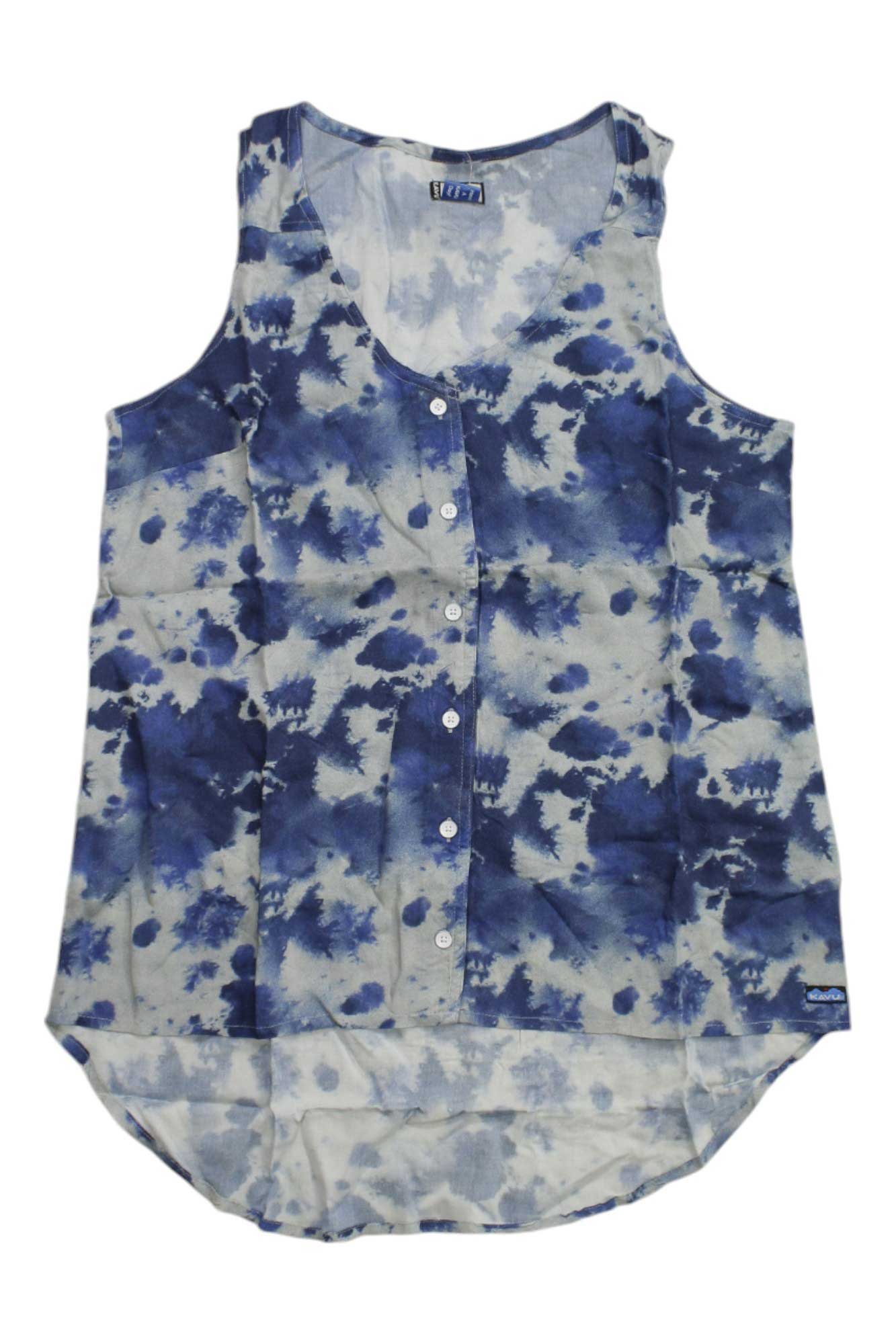 Women’s sleeveless button-up tank top in blue and light sky tie-dye, rounded hem