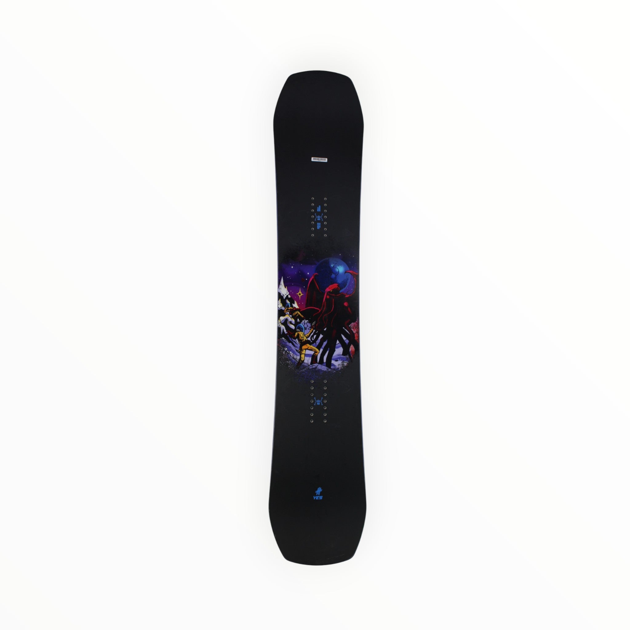 The YES Sender Xtrm Snowboard is a black all-mountain board with bold, colorful center artwork showing a mountain scene and a figure in red under a starry sky. Its camber profile ensures responsive performance.