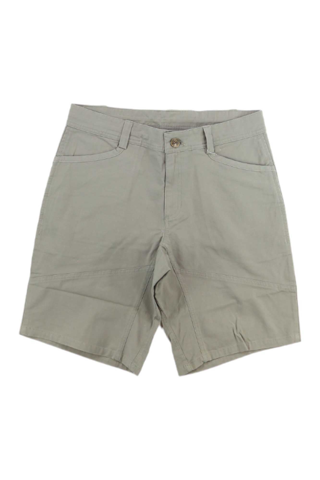 The Outdoor Research Men's Wadi Rum 10 Inch Short features light gray khaki, button and zipper closure, belt loops, two front pockets, and abrasion-resistant fabric for durability—perfect for active adventures. Shown on a white background.
