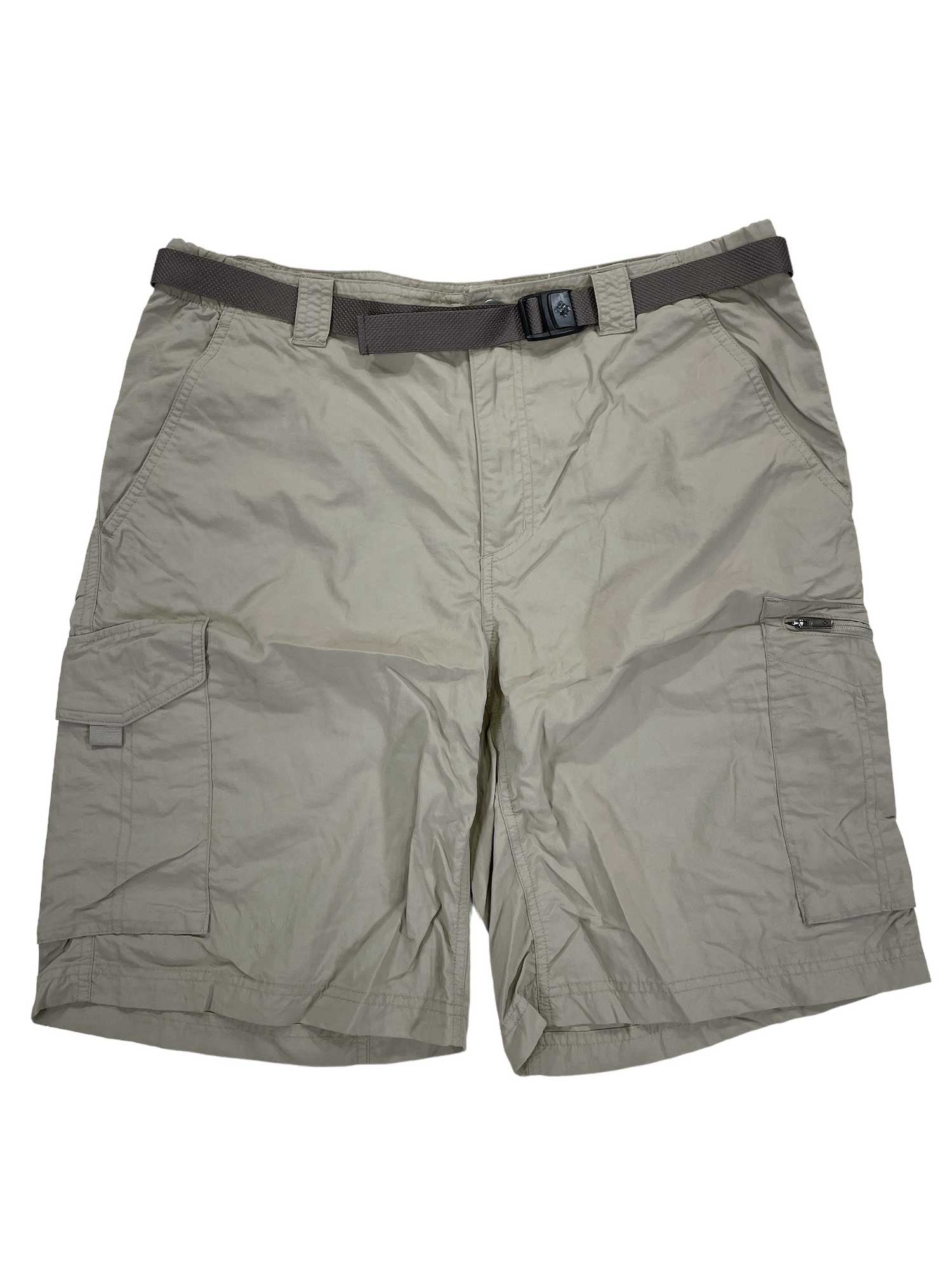 Men's Silver Ridge Cargo Shorts in light khaki, shown with a dark gray adjustable belt, feature multiple pockets—including two side and one left flap pocket—and are made with sweat-wicking fabric for all-day comfort.