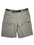 Men's Silver Ridge Cargo Shorts in light khaki, shown with a dark gray adjustable belt, feature multiple pockets—including two side and one left flap pocket—and are made with sweat-wicking fabric for all-day comfort.