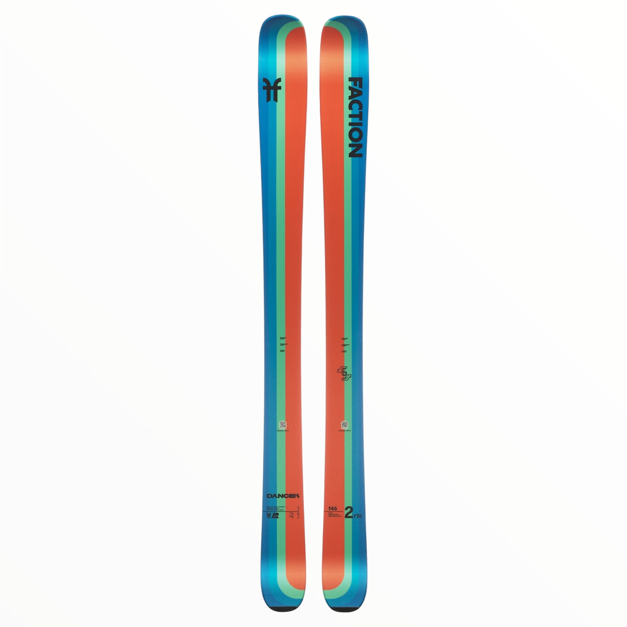 The Faction Youth Dancer 2 Skis - 2023 feature a blue and orange striped design, shown from above against a white background—ideal for all-mountain freeskiing adventures.