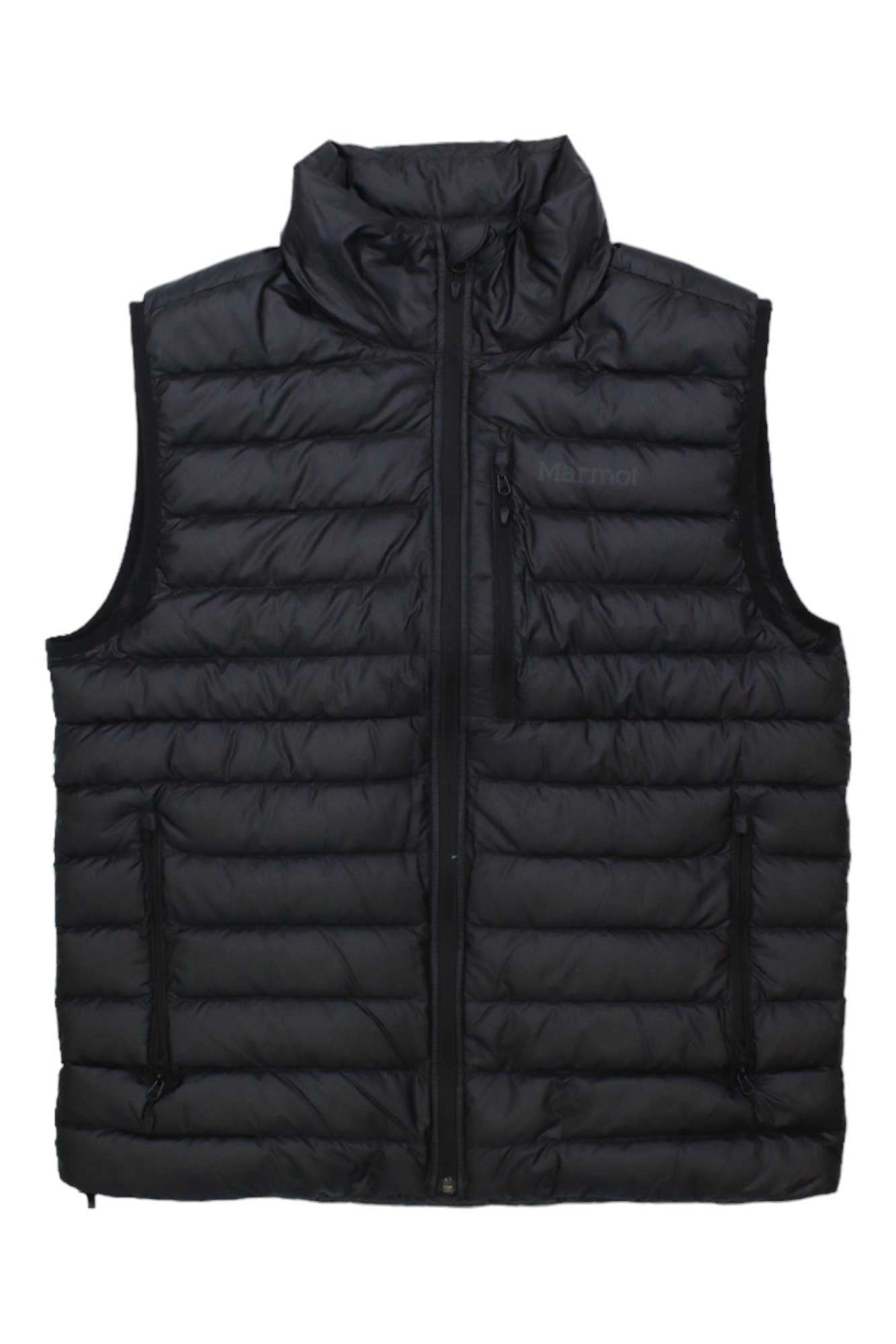 The Mens Highlander Vest is a black, sleeveless vest made with Pertex Quantum fabric, featuring a high collar and zippered side pockets by Marmot. The vest is displayed flat on a white background.
