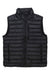 The Mens Highlander Vest is a black, sleeveless vest made with Pertex Quantum fabric, featuring a high collar and zippered side pockets by Marmot. The vest is displayed flat on a white background.