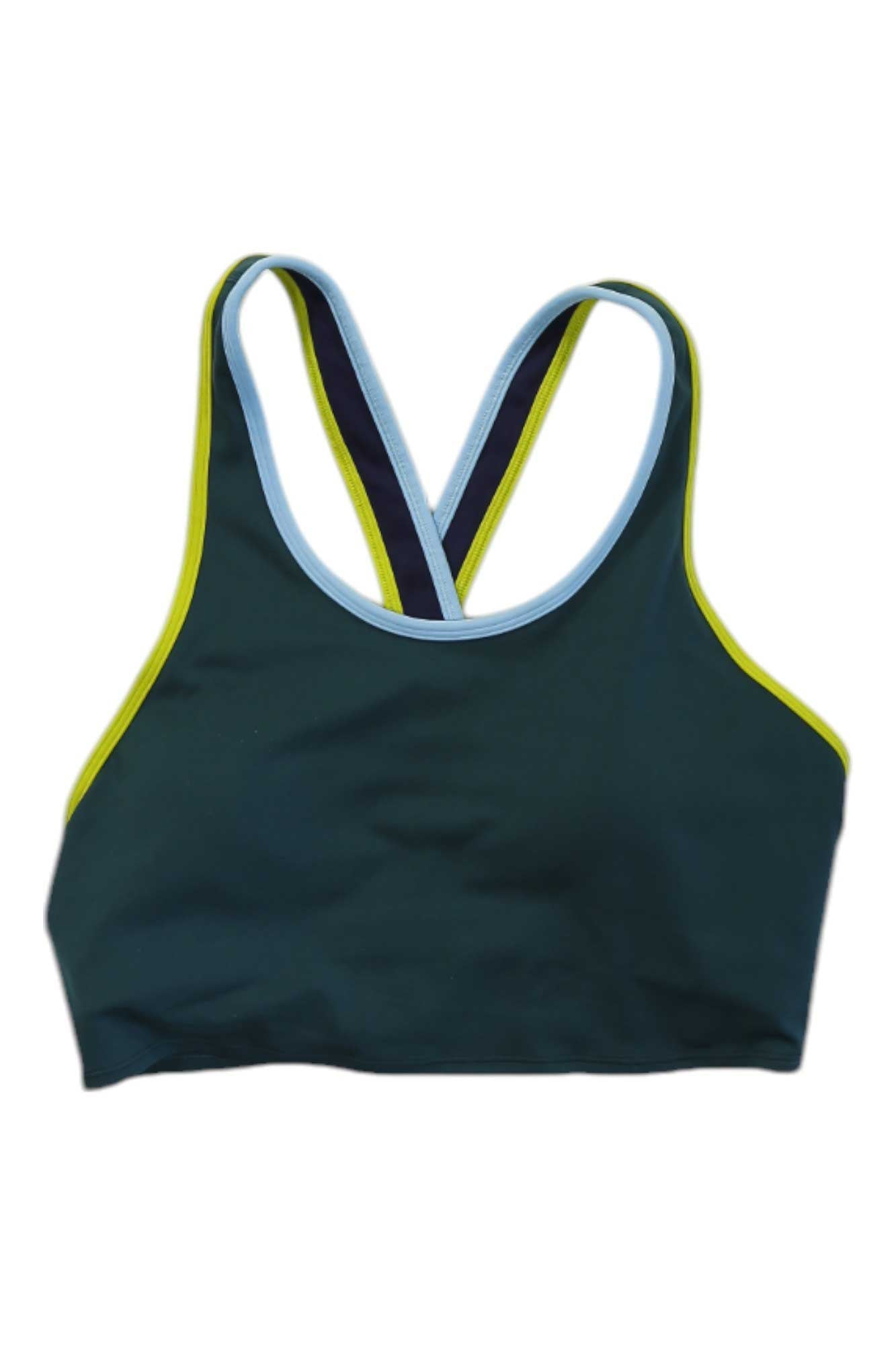 The Cotopaxi Womens Mari Crop Bra is a dark teal recycled polyester sports bra with light blue and yellow trim, racerback straps, and quick-dry fabric, shown laid flat on a white background.
