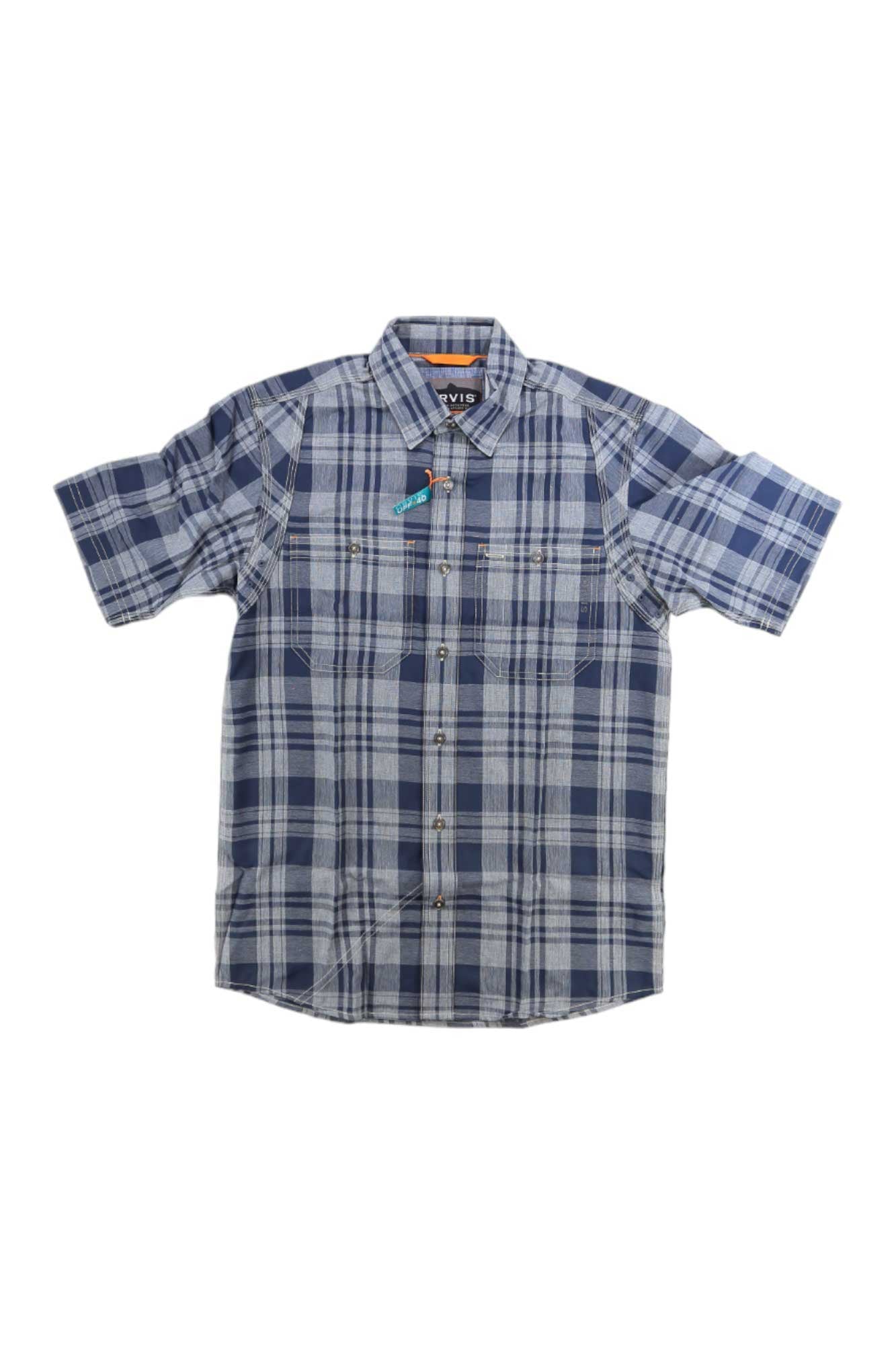 The Orvis Mens Tech Plaid SS Workshirt is a short-sleeve, button-up shirt in blue and white plaid, featuring two chest pockets and a collar, displayed flat against a white background.