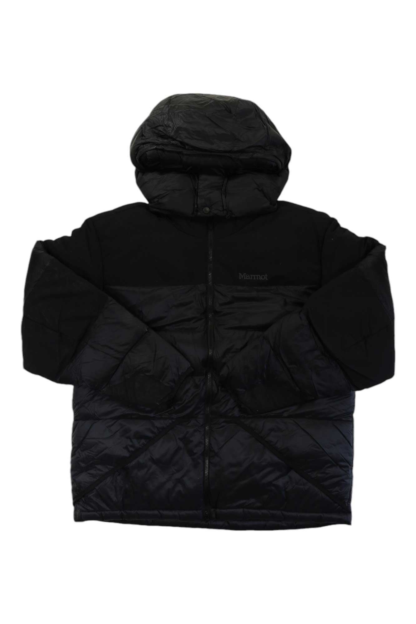 A Marmot Mens 03 Plasma Parka in black, featuring a hood, full front zipper, quilted design, and made from recycled nylon, is laid flat on a white background.