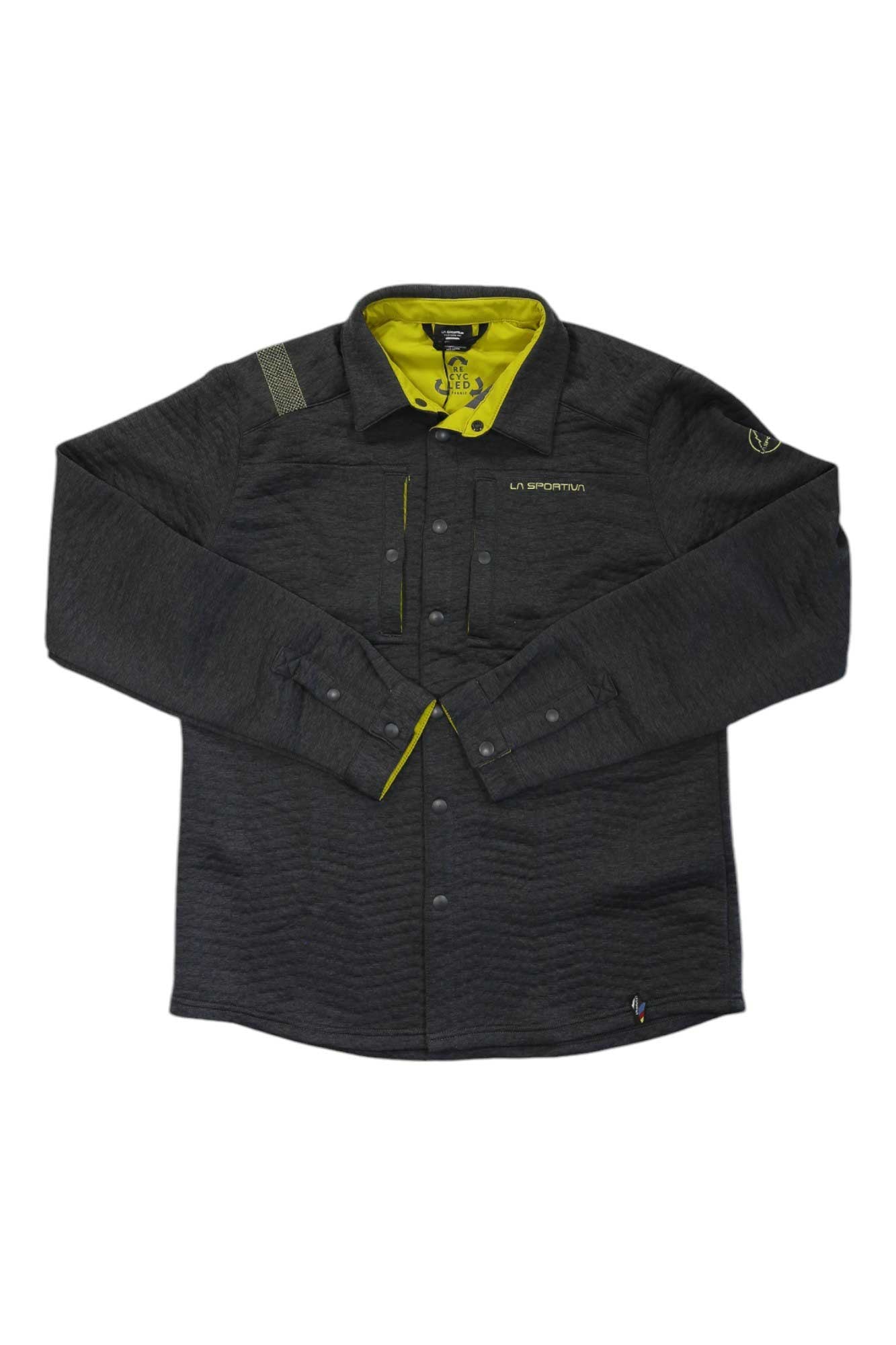 Dark charcoal long-sleeve button-up shirt with stand collar and front button placket.