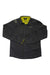 Dark charcoal long-sleeve button-up shirt with stand collar and front button placket.