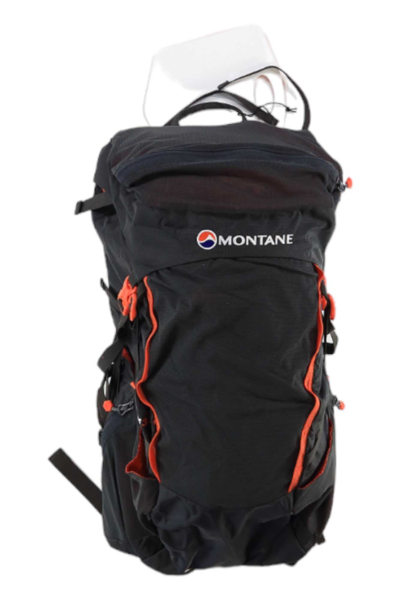 A black Montane Trailblazer 30L Backpack with red accents and multiple compartments is displayed against a white background, featuring the Montane logo on the top front pocket and an adjustable harness for comfortable hiking.
