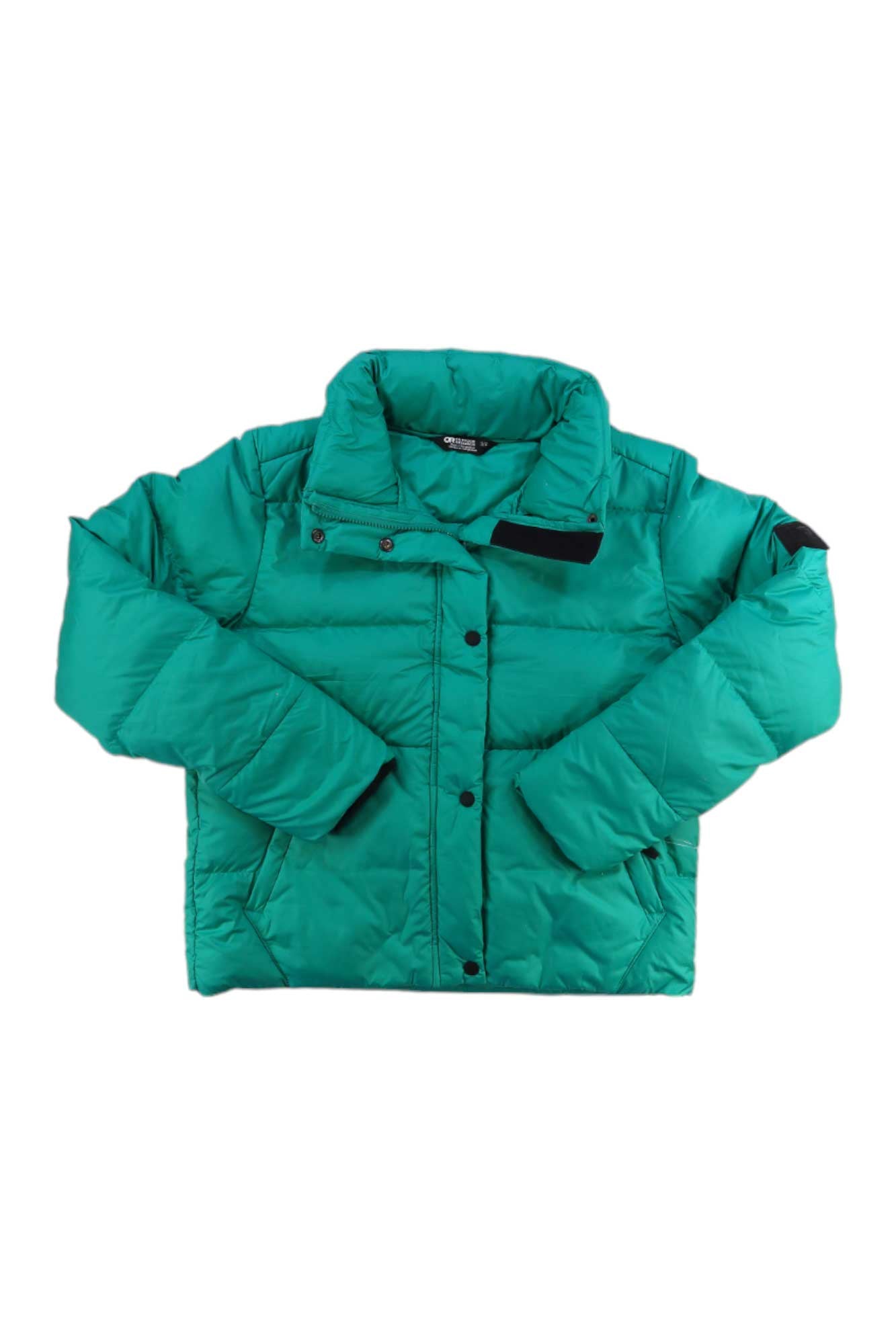 Women's insulated down jacket, teal green with hood and full button front