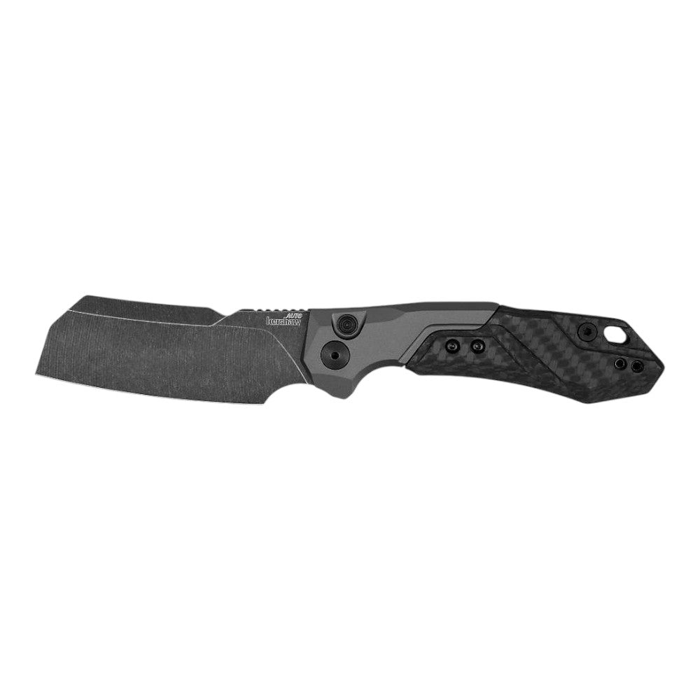 The Kershaw Launch 14 is a modern folding camping knife featuring a broad cleaver-style blade and a black textured handle, displayed against a white background.