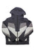 The Obermeyer Mens Charger Jacket is a gray ski jacket with white and light gray geometric patterns, a front zipper, two zippered chest pockets, black cuffs, PrimaLoft Black Eco insulation, waterproof fabric, and a modern padded design.