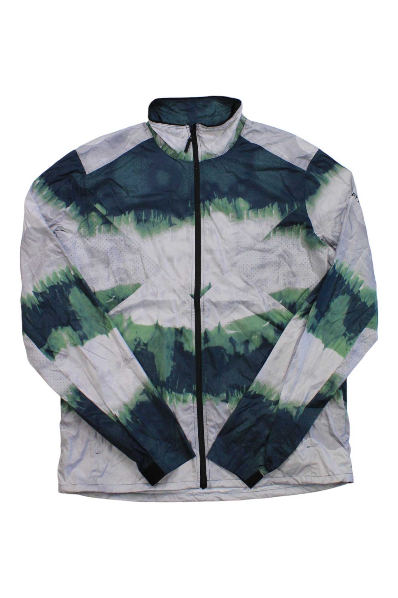 The Craft Sportswear Mens Adv Essence Wind Jacket is a gray, lightweight sports jacket featuring a green tie-dye pattern and a convenient zipper for easy wear.
