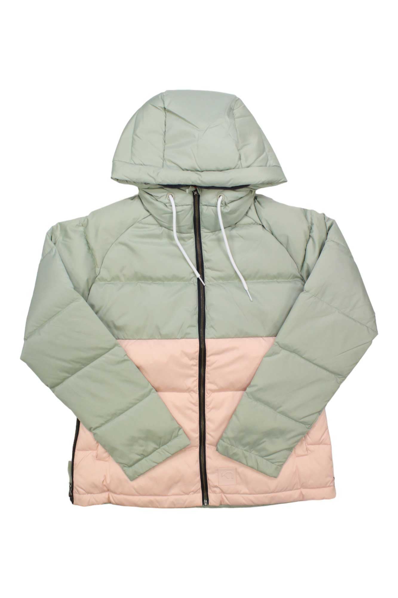 The Kari Traa Womens Astrid Jacket is water resistant with a hood, light green top and sleeves, light pink bottom, front zipper, and white hood drawstrings—ideal for stylish outdoor adventures.