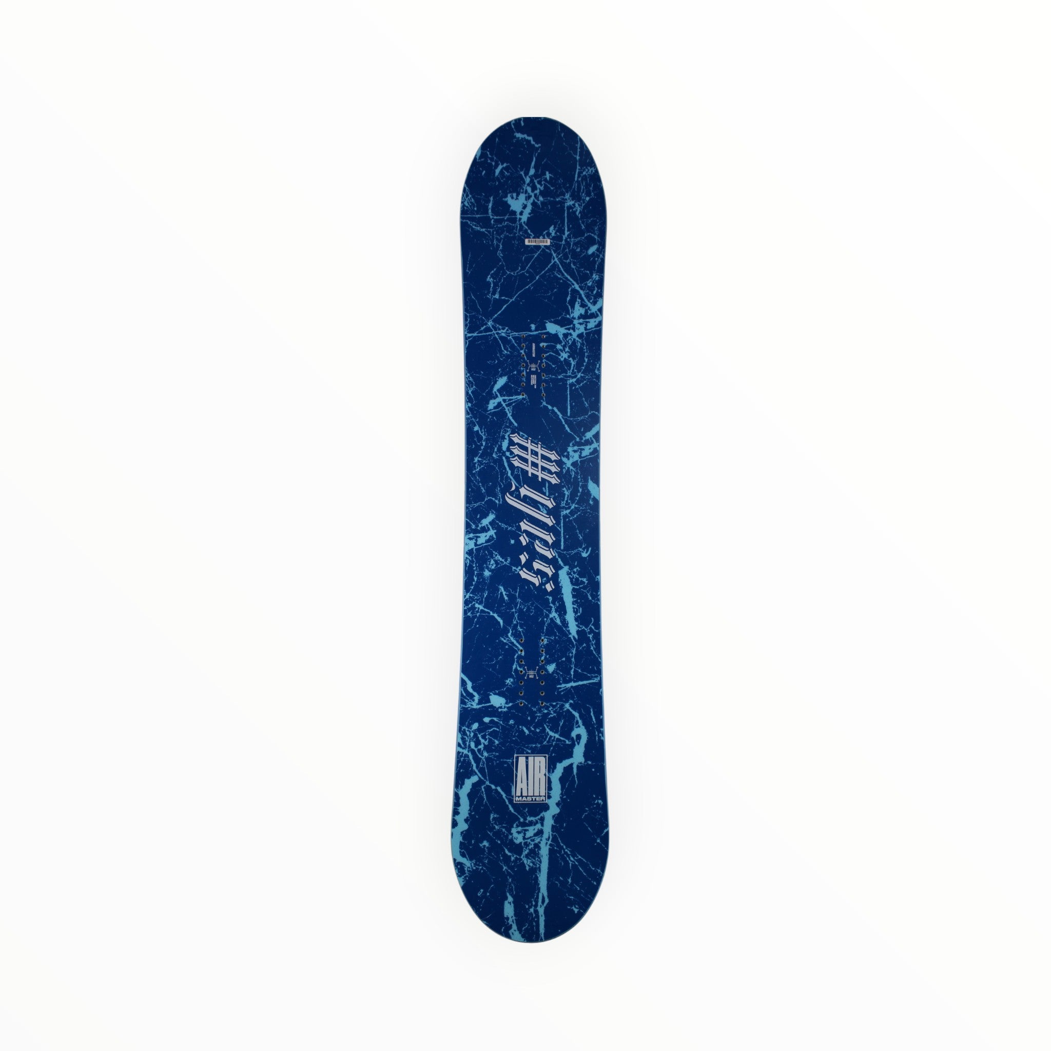 The YES Airmaster Snowboard features a blue design with white marble-like streaks, "AIR" lettering, and white graphics at the center and bottom. It has a camber profile, ideal for confident backcountry snowboarding adventures.