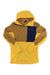 The Norrona Mens Lofoten Thermal Pro Hoodie is a yellow hooded pullover with brown textured sleeves and shoulders, a blue chest pocket, recycled polyester fabric, and the Norrona logo on the left chest.