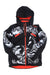 The Spyder Boys Leader Jacket is a hooded, insulated black jacket with bold gray and white wavy patterns, bright red inner lining, zipper closure, and red Ski-Doo text on the left shoulder—ideal for winter activities.