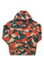 The Sherpa Men's Uddesya Eco 1/4 Zip Hoodie is a recycled polyester fleece pullover with an abstract camouflage pattern in dark green, orange, and beige—ideal for eco-friendly outdoor adventures.