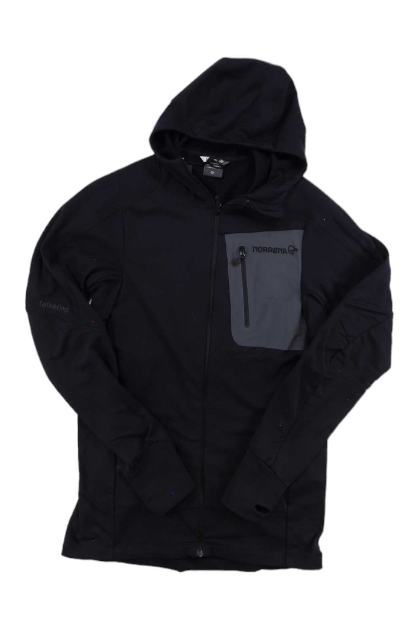 The Norrona Mens Falketind Power Grid Hooded Jacket features a black design with a gray zippered chest pocket, full front zip, Polartec Power Grid material, and logo on the pocket, shown flat on a white background.