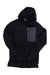 The Norrona Mens Falketind Power Grid Hooded Jacket features a black design with a gray zippered chest pocket, full front zip, Polartec Power Grid material, and logo on the pocket, shown flat on a white background.