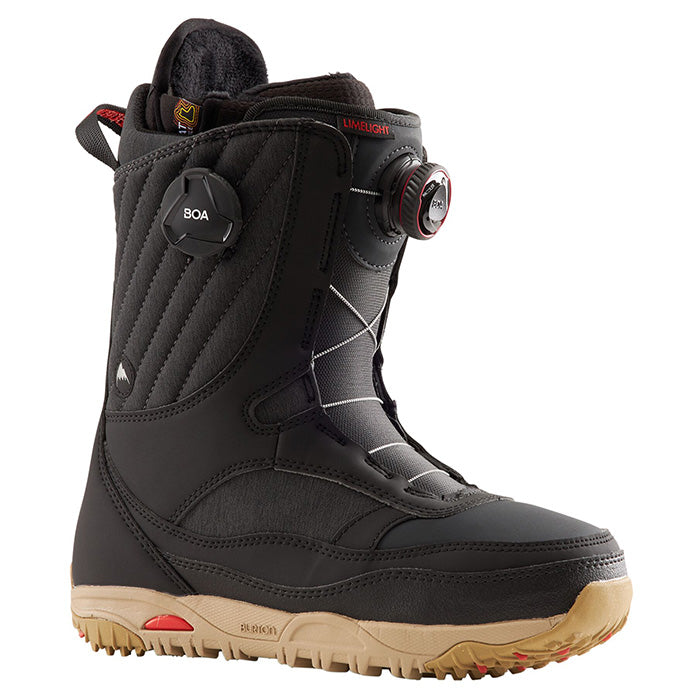 The Burton Women's Limelight Step On Snowboard Boots are black with a tan sole, featuring Step On binding compatibility, a BOA dial lacing system, reinforced stitching, padded tongue, and a textured grip outsole.