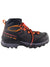 Men's mid hiking boot, dark gray mesh upper with orange laces and trim, lace-up trail sole