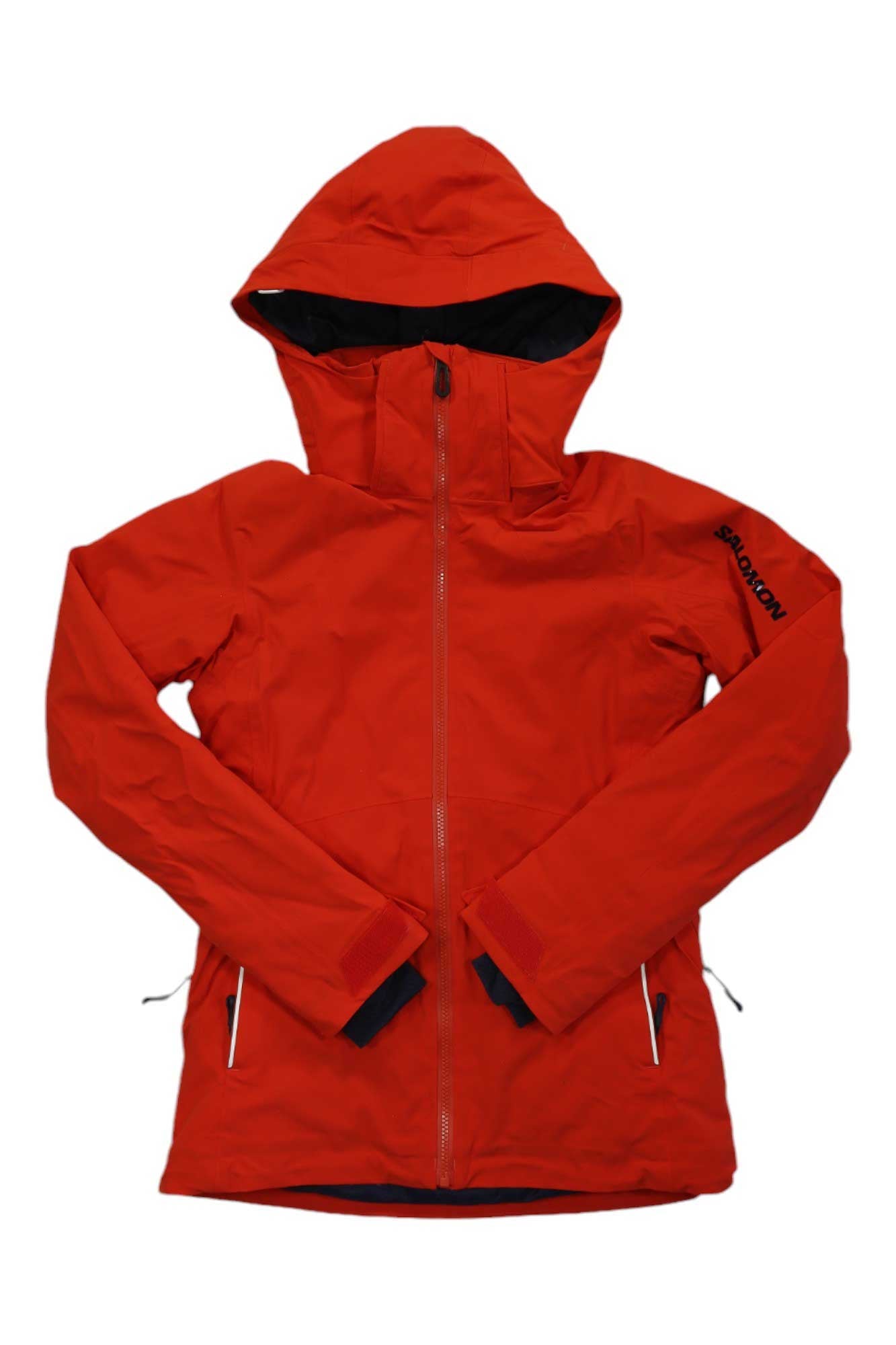 Women’s hooded red zip-up jacket with side pockets and drawcord hem
