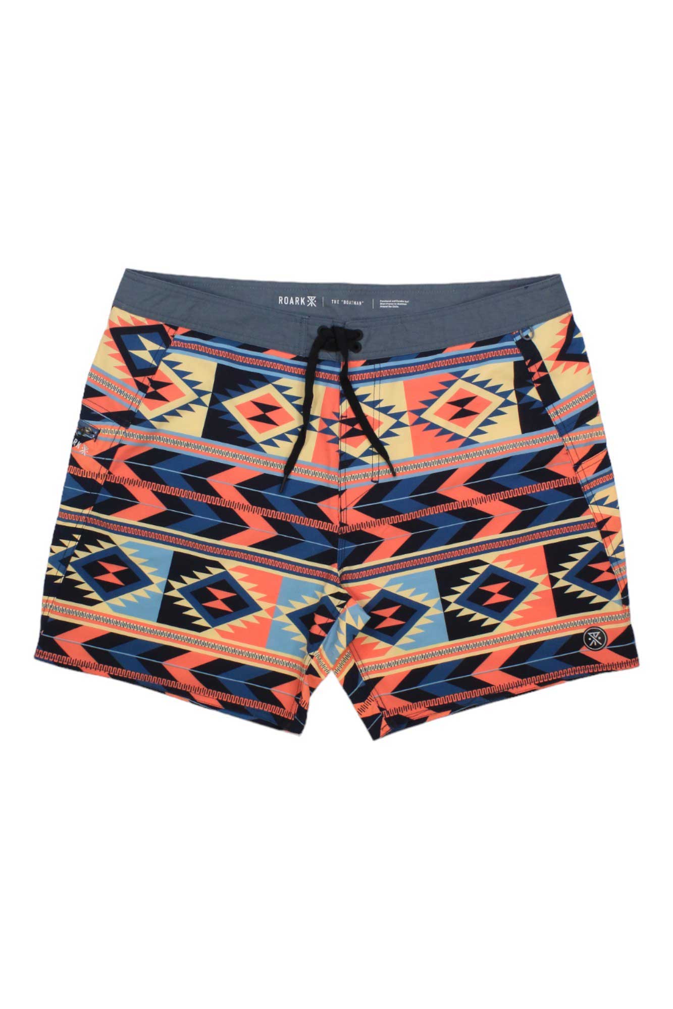 The Roark Mens Boatman Boardshort features a vibrant geometric tribal pattern in navy, orange, yellow, and blue with a gray waistband and black drawstring—perfect swim trunks for surf and swim adventures.