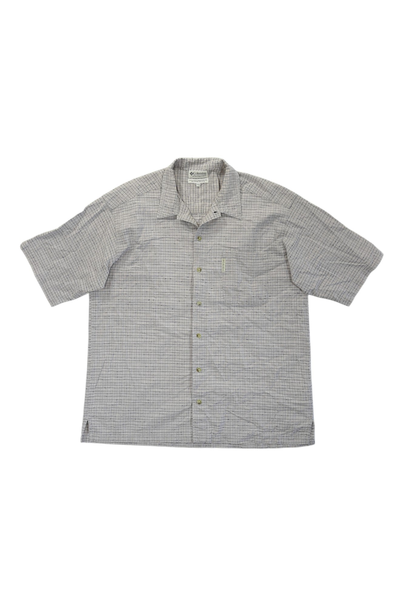 The Columbia Mens Short Sleeve Button Up Shirt features a small grey and white checkered pattern, a collar, and a single chest pocket, shown laid flat on a white background.